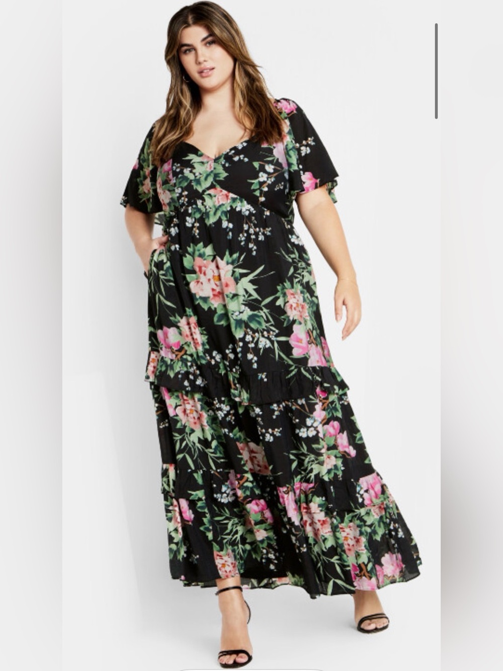 City Chic Black Maxi Dress with Pink & Green Floral Print